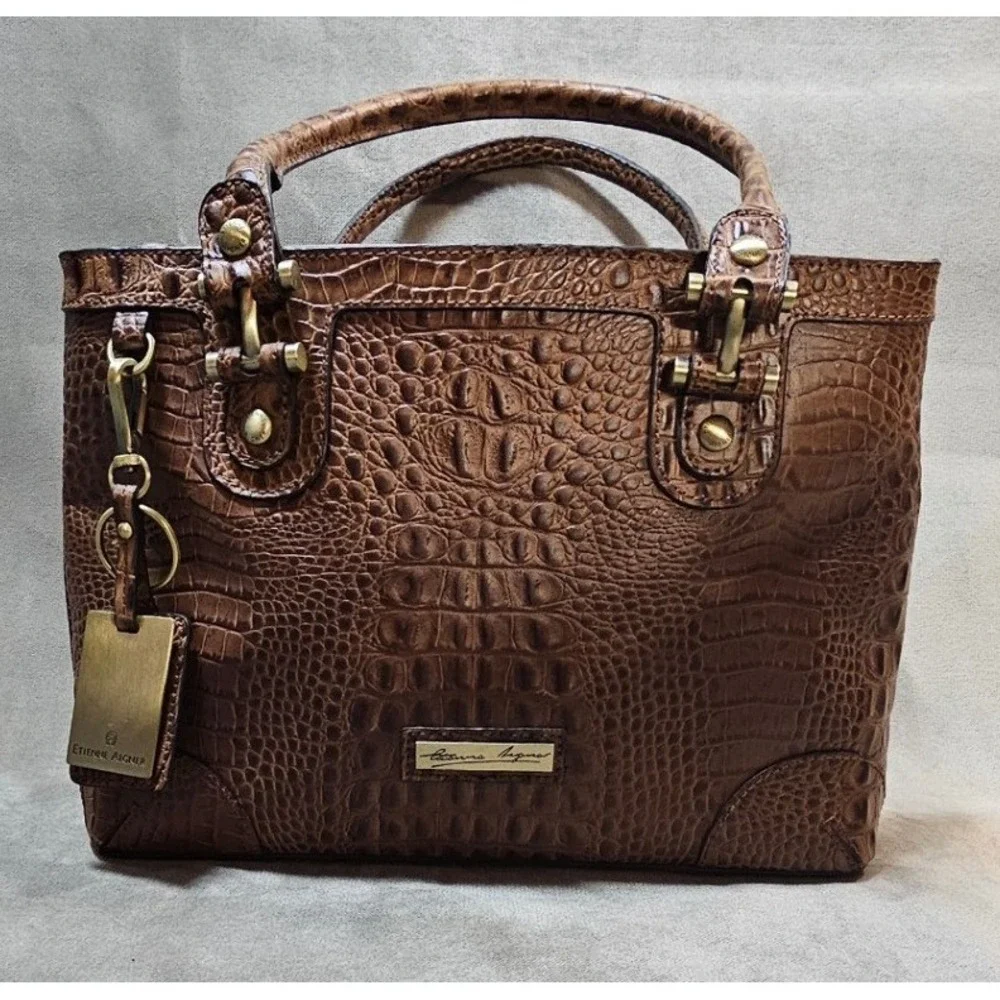 Etienne Aigner Brown Crocodile Embossed Leather Satchel Handbag 72071